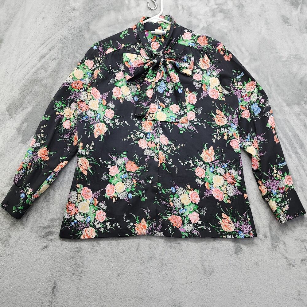 Vintage 60s Ship 'N Shore Top Womens 16 Black Floral Tie Neck Button Up‎ Office